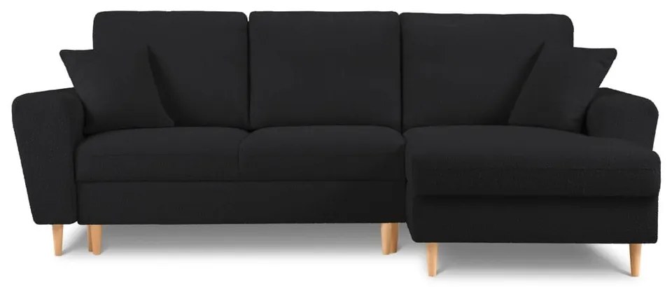 Czarny rozkładany/ze schowkiem narożnik z materiału bouclé (prawostronny/z szezlongiem) Kyoto – Cosmopolitan Design