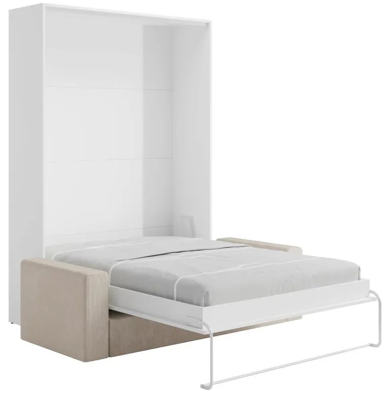 Łóżko chowane w ścianie w ścianie 140 x 200 cm - Otwieranie pionowe ręczne - Białe + Kanapa - BEGANIO