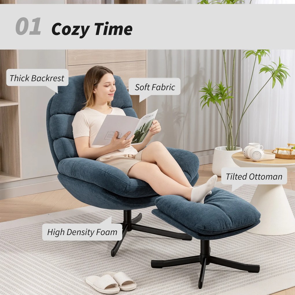 HOMCOM Fotel relaksacyjny z podnóżkiem, lounge z tkaniny chenille, nowoczesny fotel do oglądania TV, 78 x 93 x 100 cm, niebieski