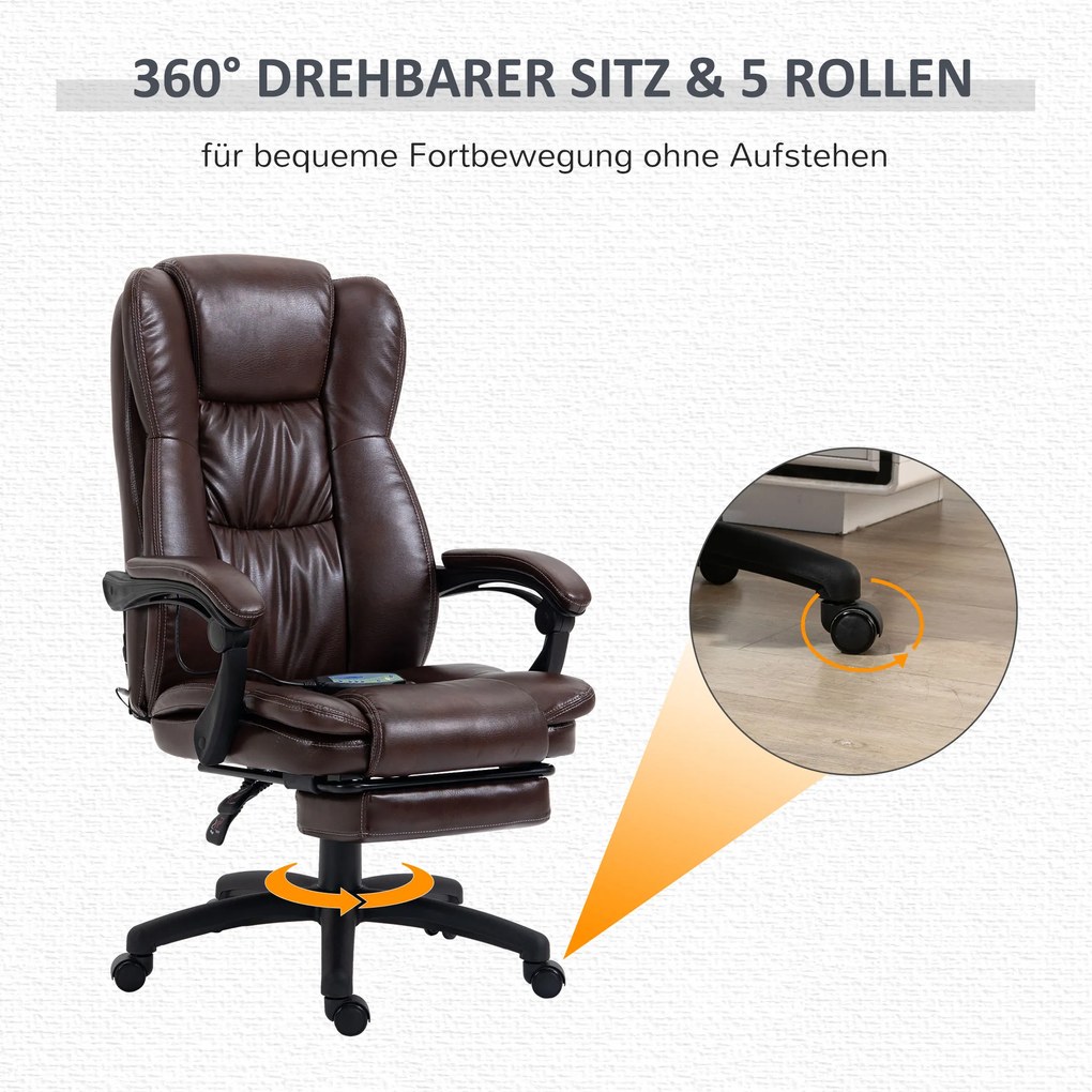 Vinsetto Fotel biurowy ergonomiczny z masażem regulowane siedzisko brązowy 68x68x119-127 cm | Aosom PL