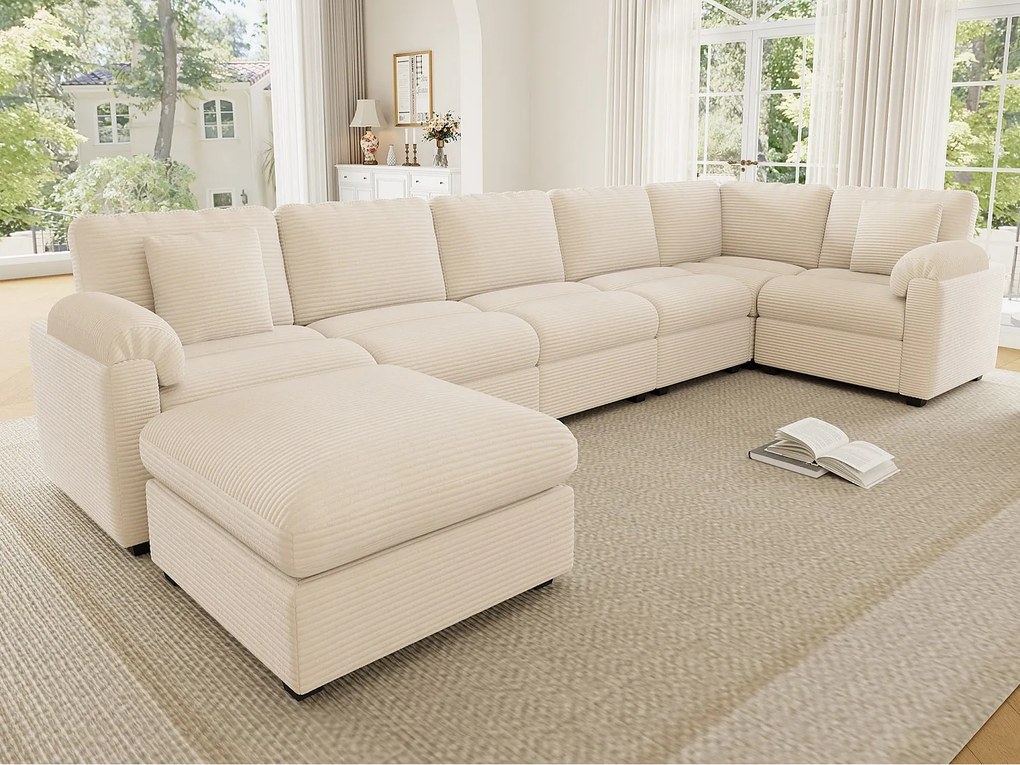 Extra duża sofa narożna w kształcie litery U dla 7 osób - aksamit prążkowany - z poduszkami i osobnym pufem - beżowy