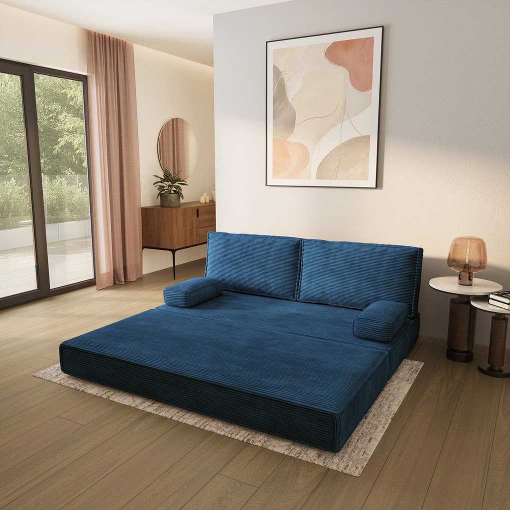 Masseno Sofa piankowa SILAR z funkcją spania, Kanapa z pianki do salonu, Bezmontażowa, Tkanina sztruksowa – Niebieski POSO 05