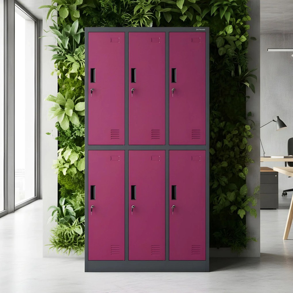 Szafka socjalna ubraniowa BHP fuksja: 6-drzwiowa IGOR, 900 x 1850 x 450 mm