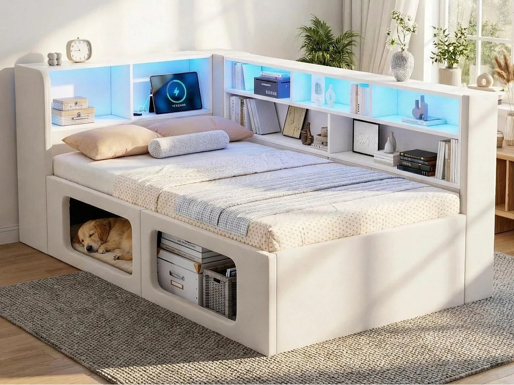 Pikowana kanapa rozkładana 90x200 cm - z niszami dla zwierząt - LED, port USB i przegródki do przechowywania - Welur - Beżowy