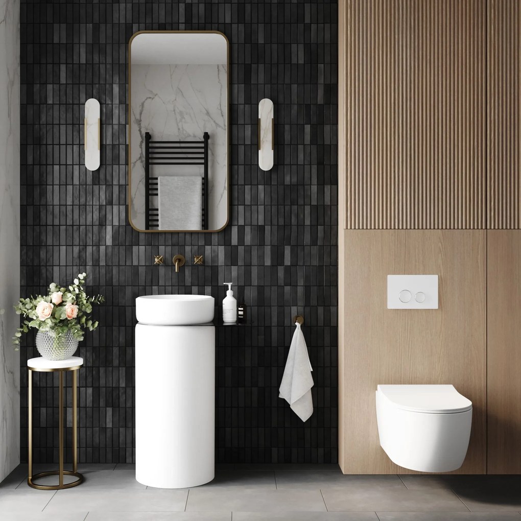 Zestaw łazienkowy z umywalką RONA z półką i korkiem, miską wc, stelażem i przyciskiem | Różne kolory : Kolor zestawu - Biały połysk, Podłączenie syfonu - Do podłogi