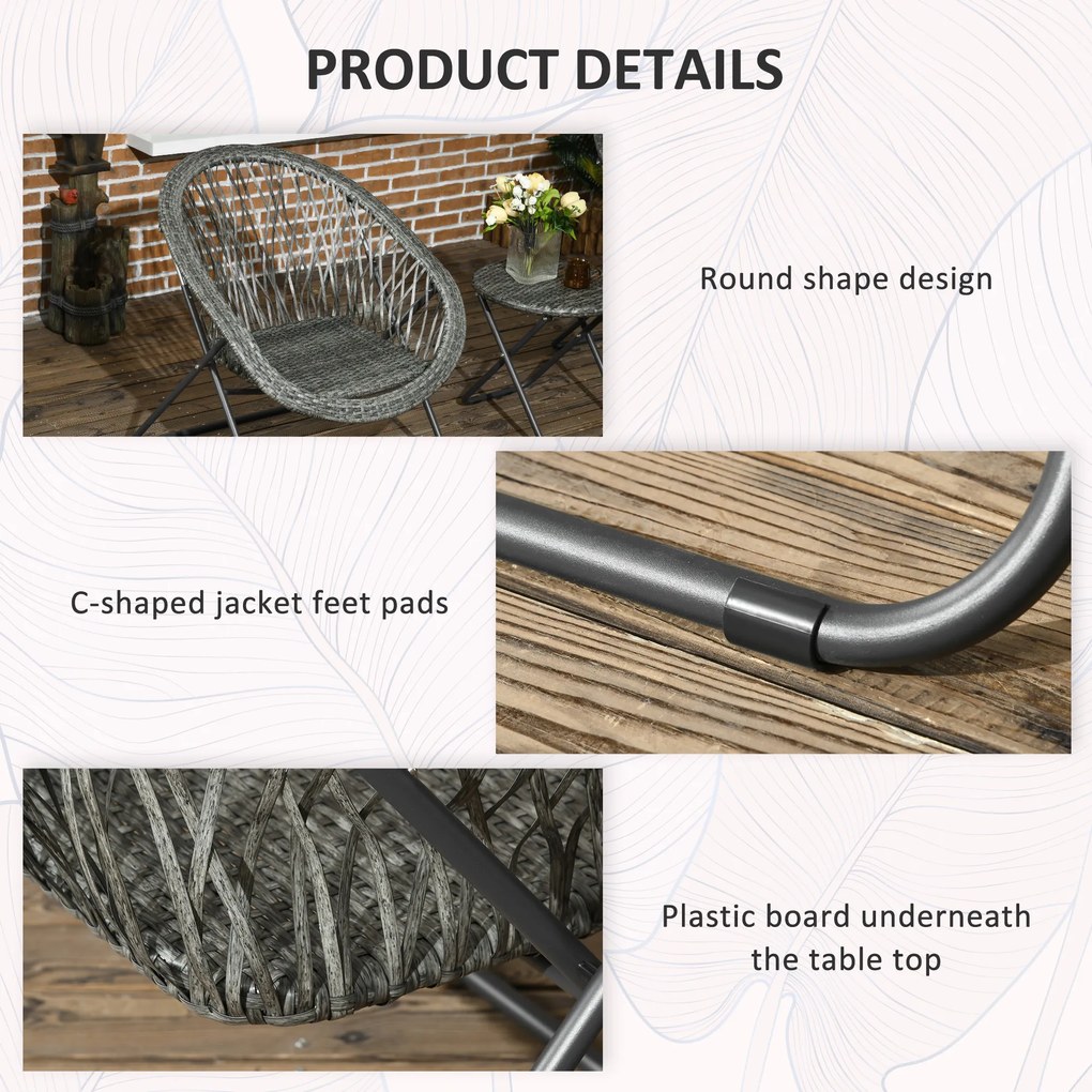 Outsunny Zestaw mebli ogrodowych 3-częściowy, składany zestaw ogrodowy z stolikiem kawowym, 2 krzesłami, zestaw mebli balkonowych z poduszkami, zestaw mebli ogrodowych do balkonu, tarasu, szary | Aosom PL