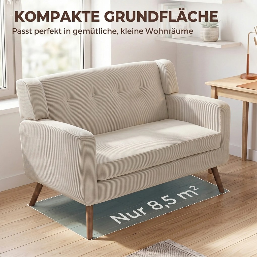 HOMCOM Sofa 2-osobowa 118 cm z wyglądem sztruksu, pikowanie z guzikami Wygodna nowoczesna sofa tapicerowana z drewnianymi nogami do małych pomieszczeń | Aosom PL
