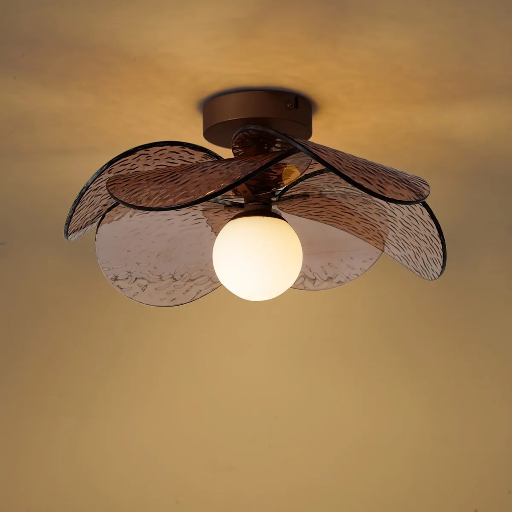 Designerska lampa sufitowa ciemnobrązowa z bursztynowym żebrowanym szkłem - Kemner