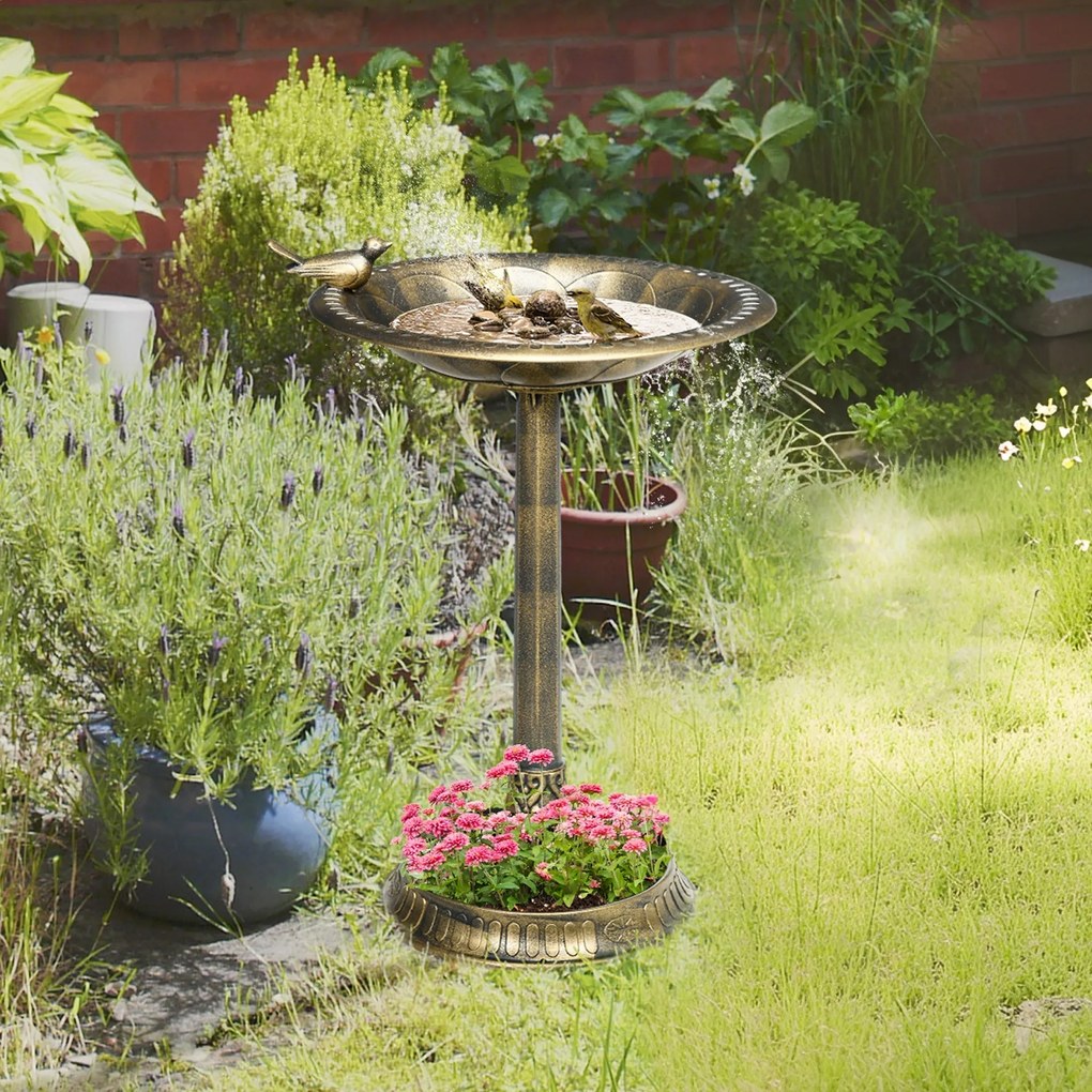 Outsunny Kąpiel dla Ptaków z Figurką, Wzór Kwiatowy, 2 Baseny, Tworzywo Sztuczne, Antyczny Wygląd, 50B x 72H cm, Brąz