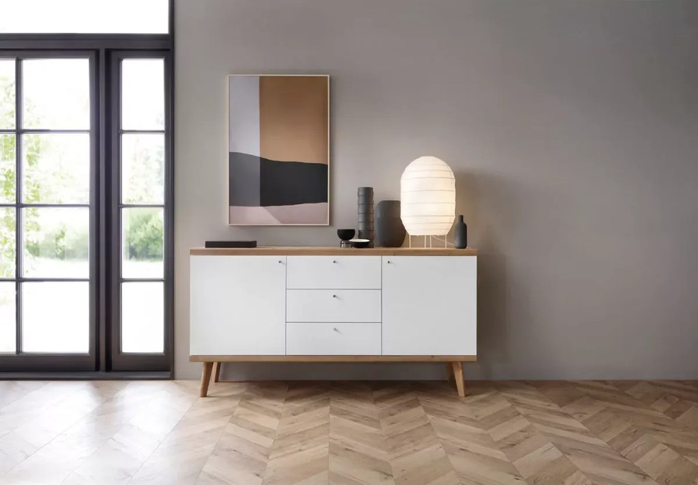 Komoda Bliwon 3-szuflady + półki 160 cm skandynawska dąb riviera/biały nowoczesna szafka drewniane nogi