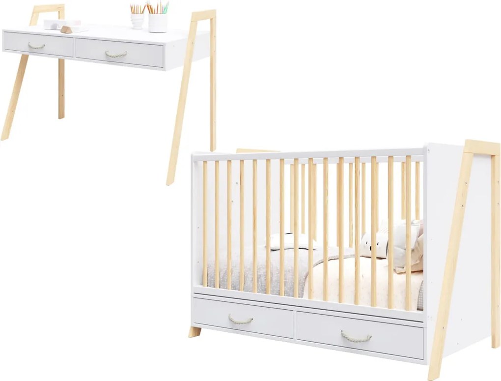 2w1 Luna 120/60 Łóżeczko i Biurko biało-sosna