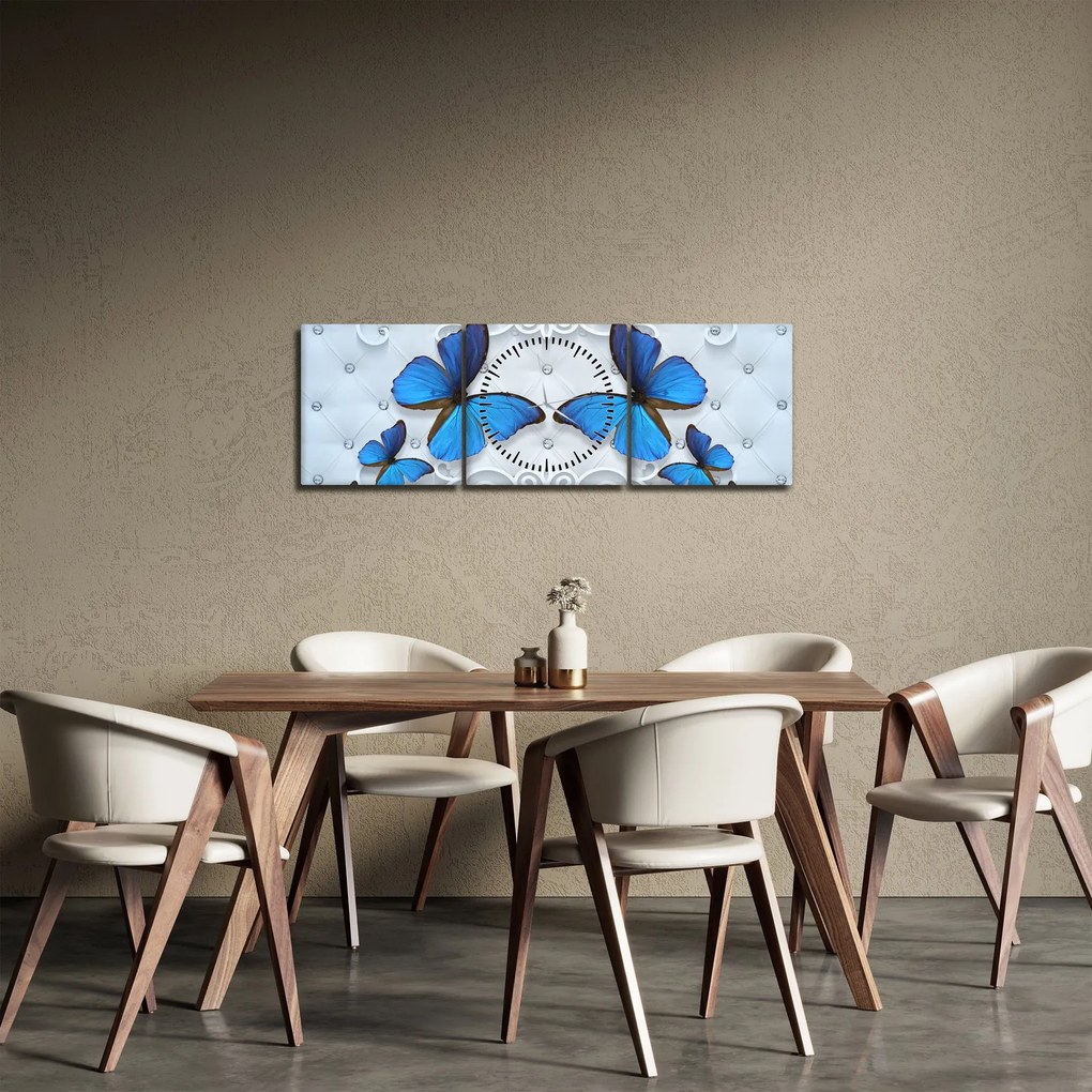 Obraz - Niebieskie motyle (z zegarem) (90x30 cm)