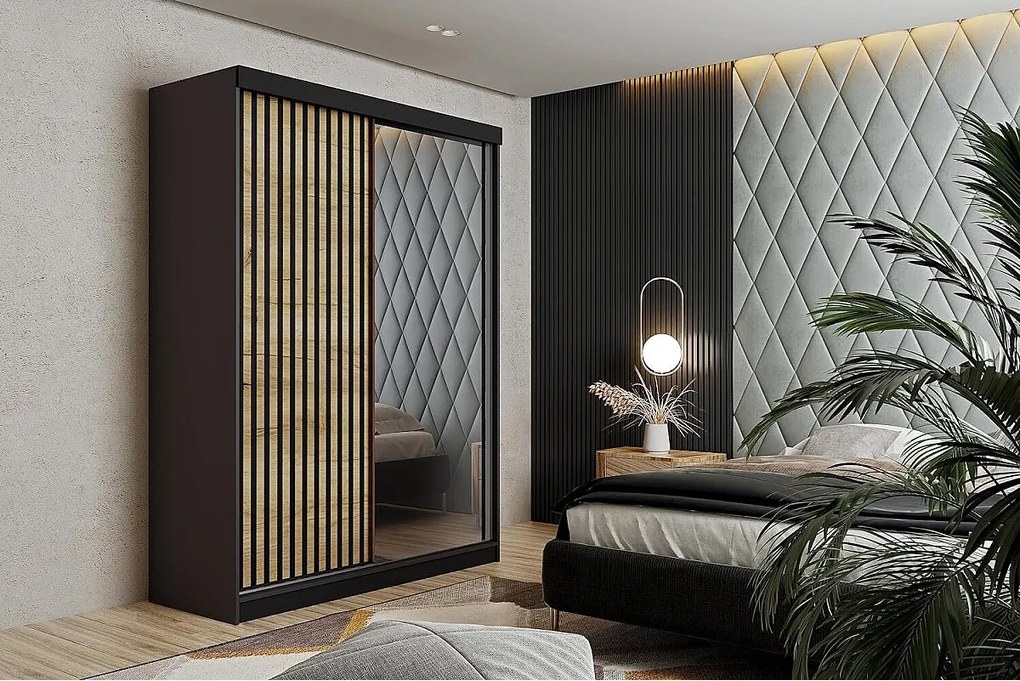 Szafa przesuwna z lustrem lamele MALANI 138 grafit + dąb craft złoty