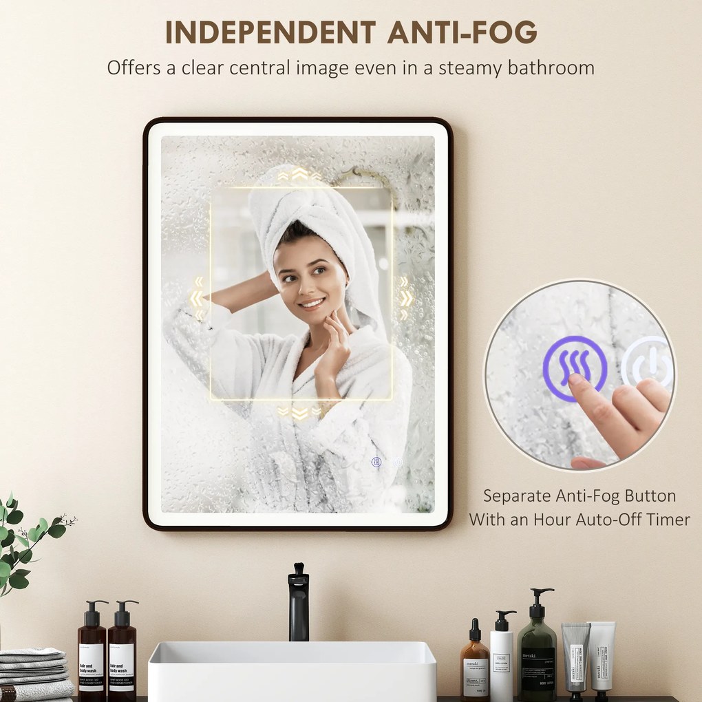 HOMCOM LED Lustro łazienkowe z funkcją przeciwmgielną, lustro do makijażu z oświetleniem, 80 x 60 cm, czarna rama | Aosom PL