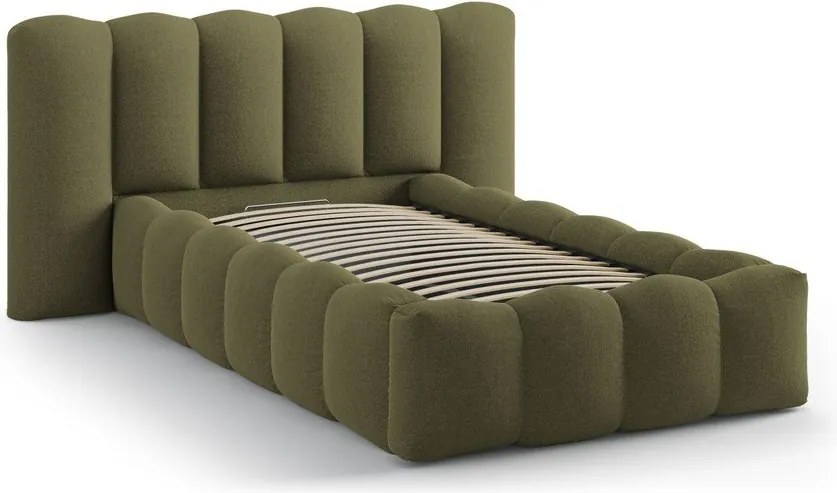 Tapicerowane łóżko jednoosobowe ze schowkiem i stelażem 90x200 cm w kolorze khaki Lupine – Micadoni