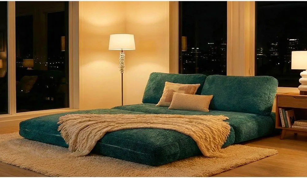 Zielononiebieska rozkładana sofa z materiału bouclé 150 cm Faster – Mauro Ferretti