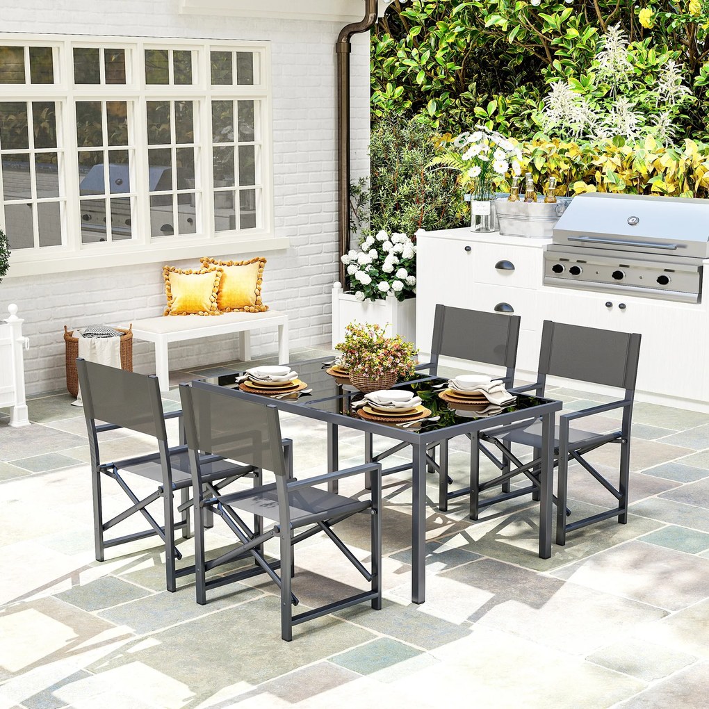 Zestaw mebli jadalnianych Outsunny 5-częściowy ze stali dla 4 osób, stół ze szklanym blatem i 4 składane krzesła, Szary