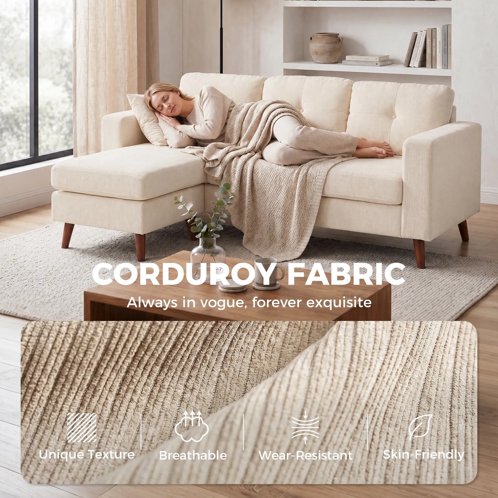 HOMCOM Narożnik 192 cm L-kształt 3-osobowa sofa z odwracalnym szezlongiem, wygląd sztruksu, do małych pomieszczeń, kremowo-biały | Aosom PL
