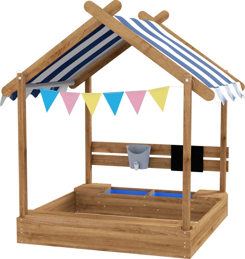 Outsunny Piaskownica z Dachem, Design Domku Zabawowego, z Zestawem Zabawek, Drewno świerkowe, 124x116x146cm, Brązowy