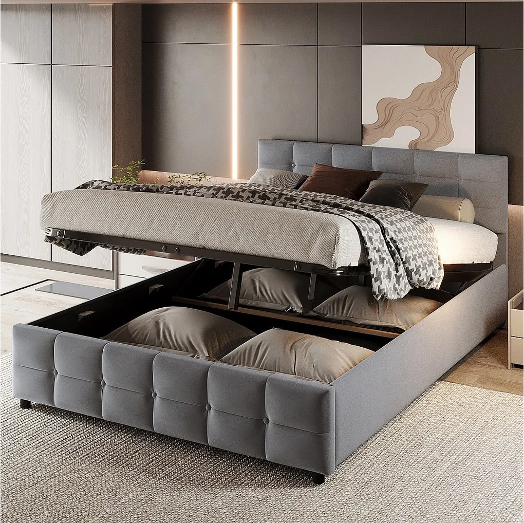 Łóżko ze schowkiem 180 x 200 cm z zagłówkiem - Aksamit - Stelaż listwowy - Szary