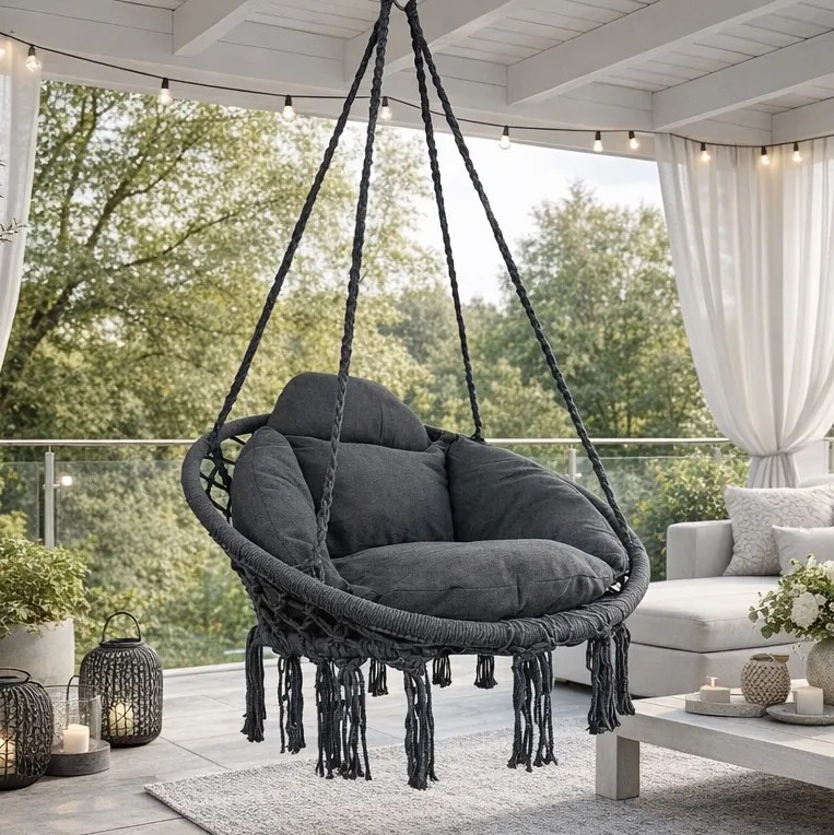 Fotel wiszący Nestio 001, bocianie gniazdo do domu i ogrodu, kolor szary