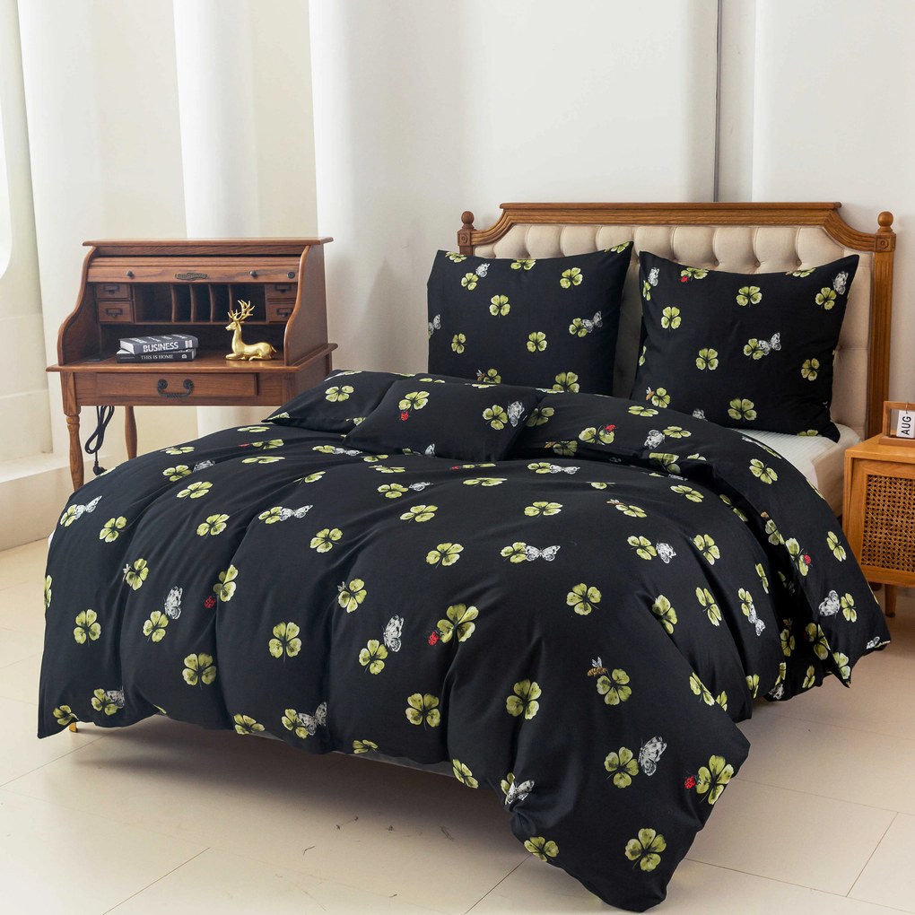 PrzytulneMieszkanie.pl PrzytulneMieszkanie.pl Pościel z mikrofibry FOUR LEAF CLOVER czarne Rozmiar pościeli: 2 szt 70 x 90 cm | 200 x 220 cm
