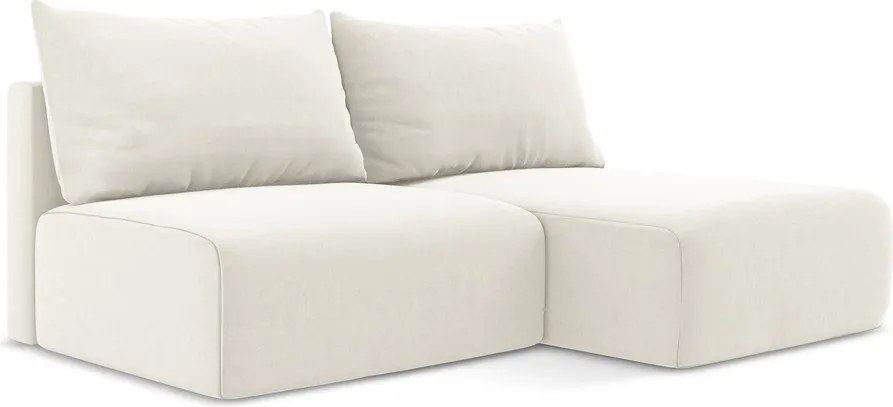 Kremowy aksamitny rozkładany narożnik ze schowkiem (prawostronny/z szezlongiem) Kalena – Makamii