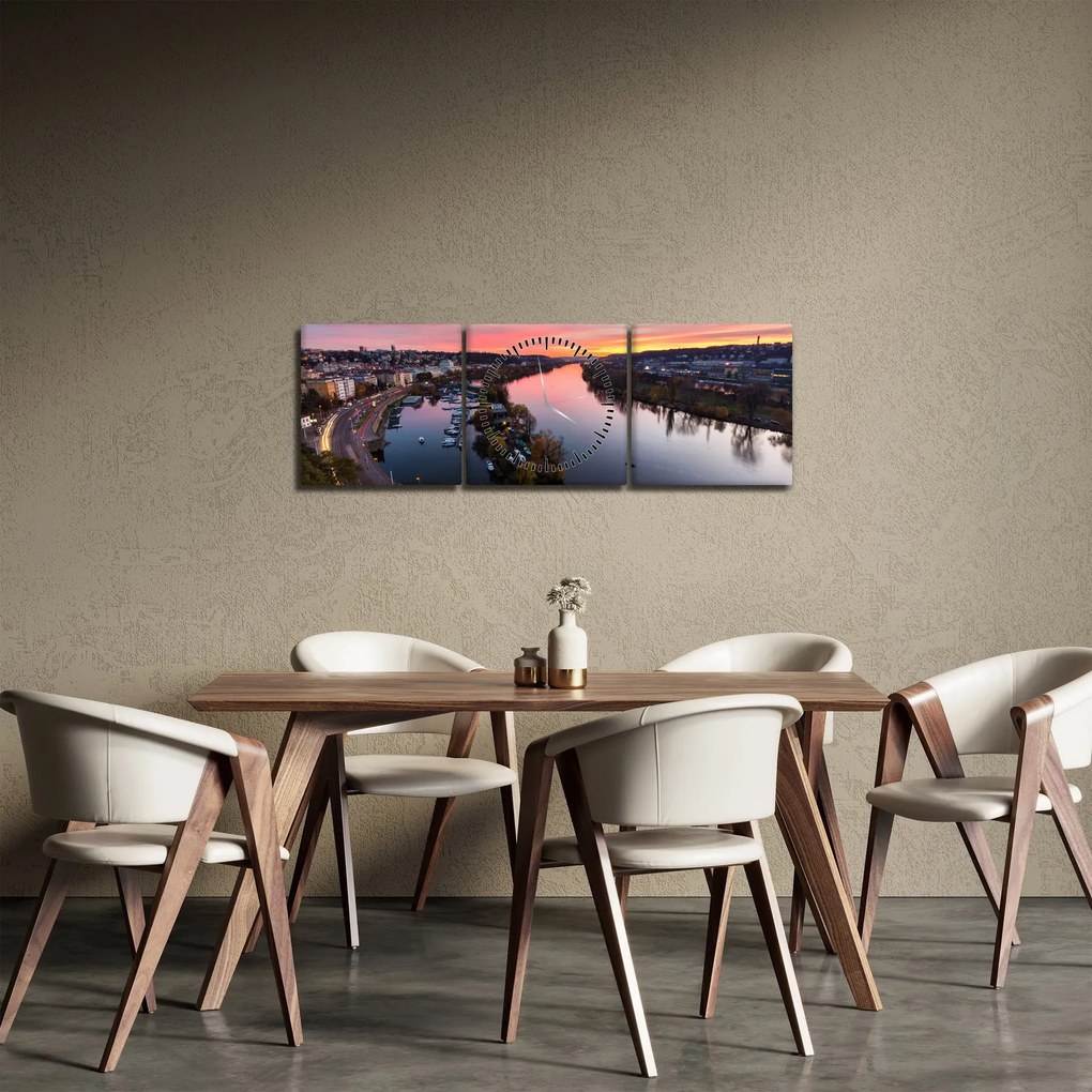 Obraz Pragi nocą (z zegarem) (90x30 cm)