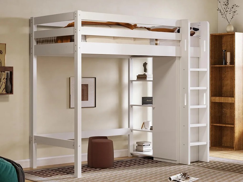 Łóżko mezzanine 90x200cm z litego drewna - z szafą i półkami - Białe