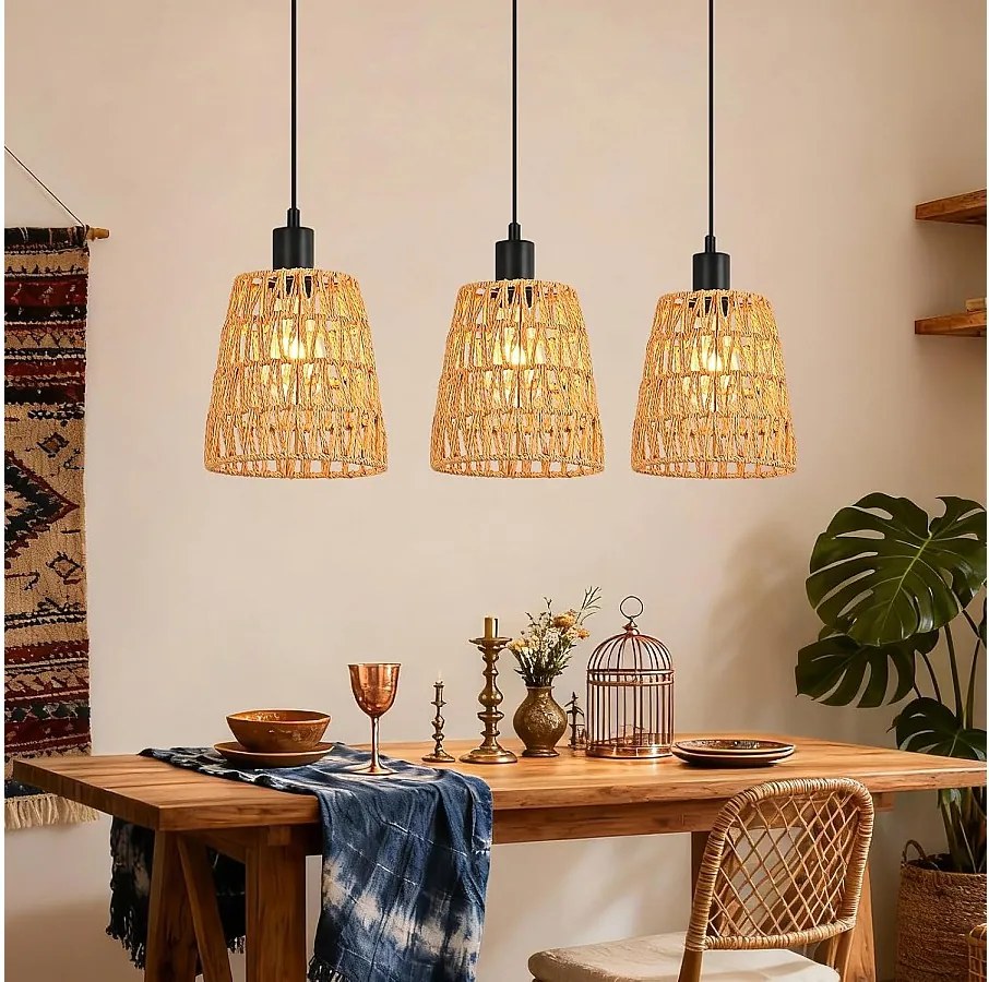 Lampa wisząca Nettlife Boho Rattan z 3 żarówkami – żyrandol z plecionej liny konopnej w stylu vintage, E27 – oświetlenie kuchni/jadalni (żarówki nie są dołączone)