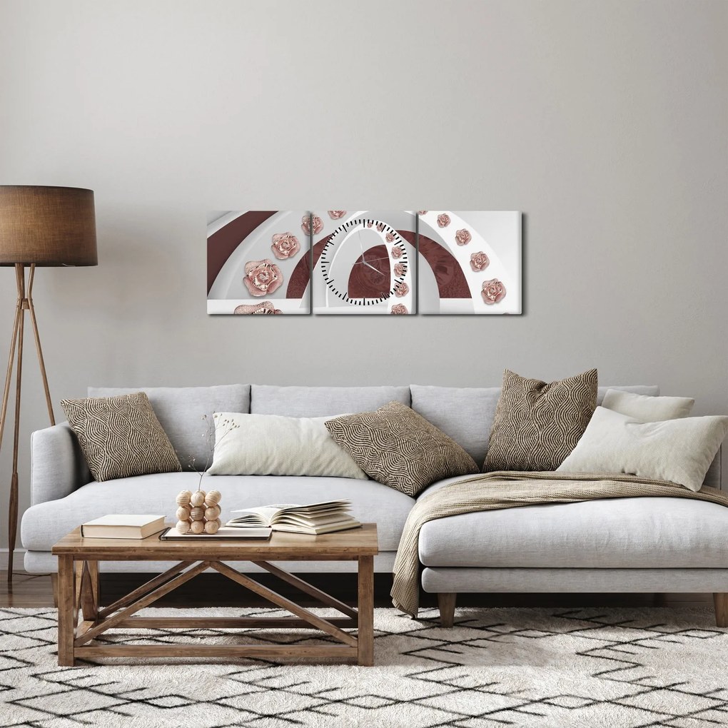 Obraz - Chmury 3D z kwiatami (z zegarem) (90x30 cm)