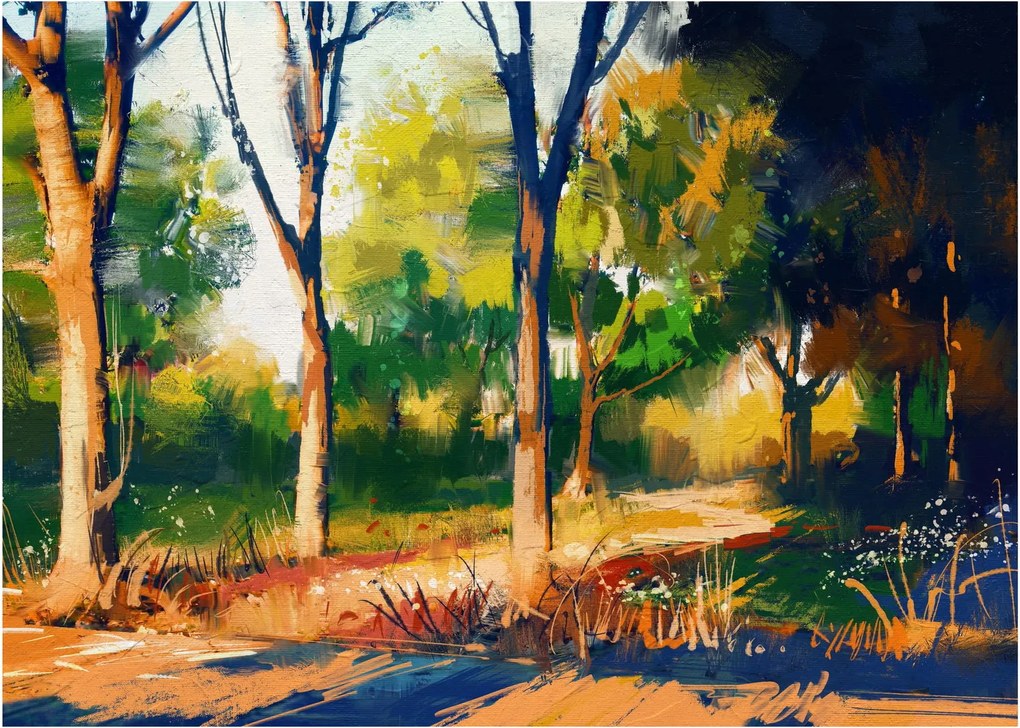 Obraz na szkle lasu w letnim słońcu, malarstwo (70x50 cm)