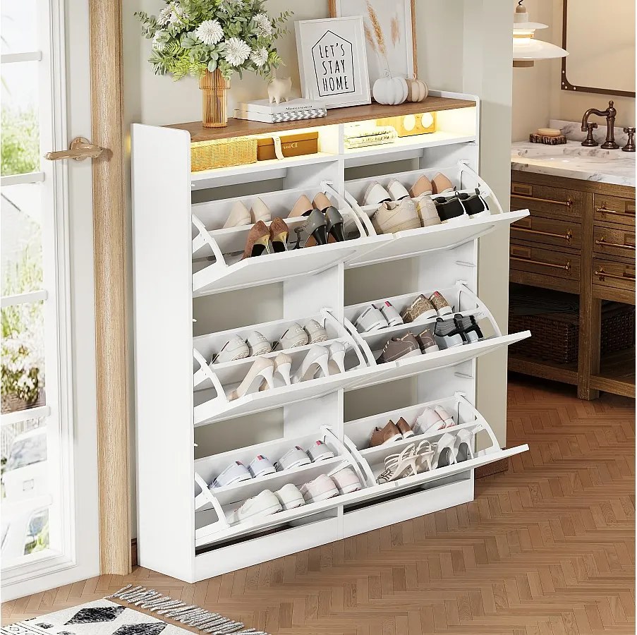 Szafka na buty z 6 wysuwanymi przegródkami + diody LED + 2 otwarte półki - 120 x 24 x 130 cm - MDF - biała + naturalna