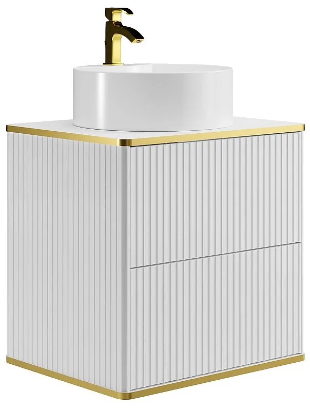 Podwieszana szafka łazienkowa prążkowana ze złotym wykończeniem z okrągłą umywalką nablatową - Biała - Szer. 60 cm - KELIZA
