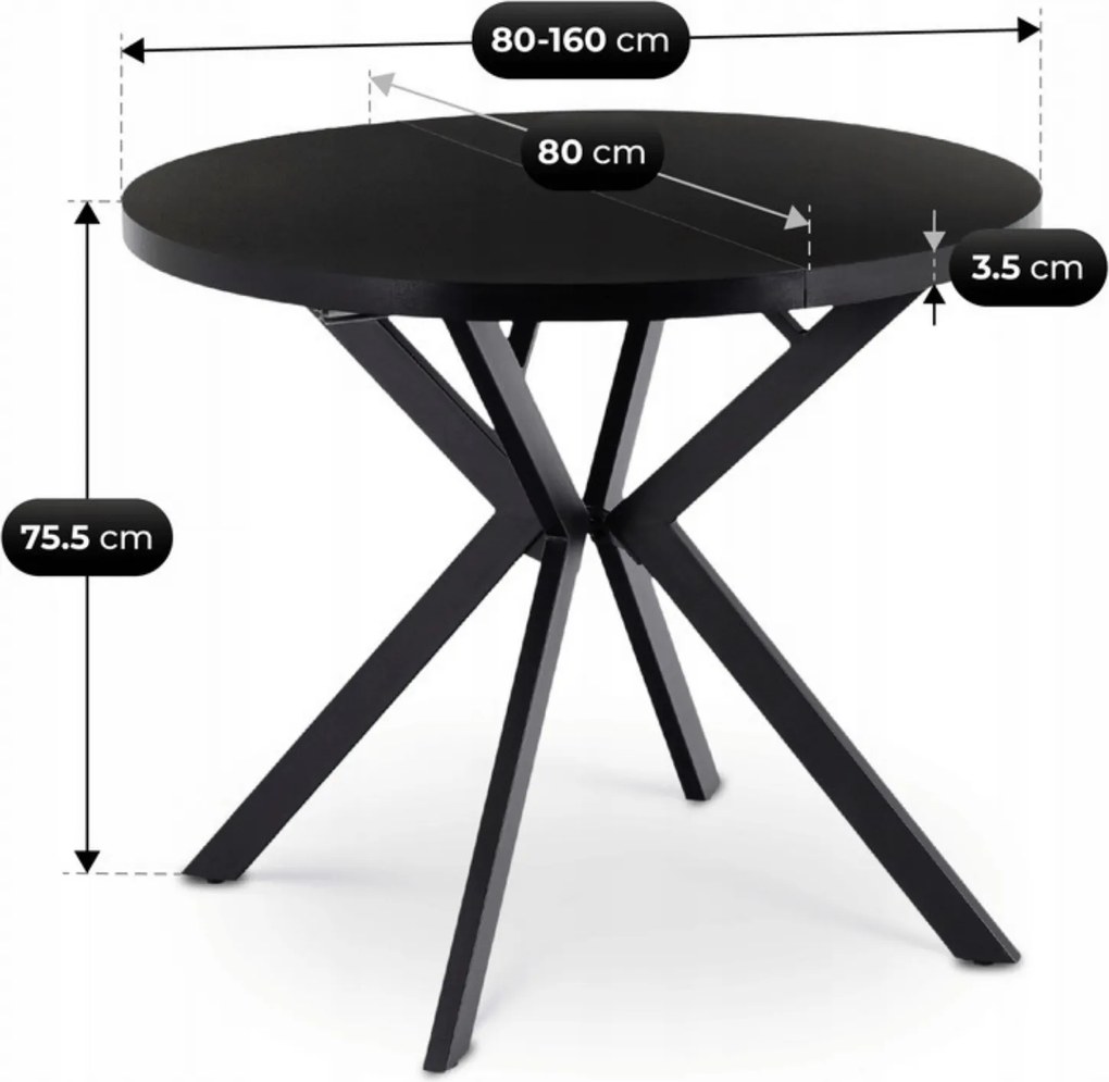 Stół Okrągły Rozkładany DORIAN 80-160 cm Czarny Nowoczesny Loft