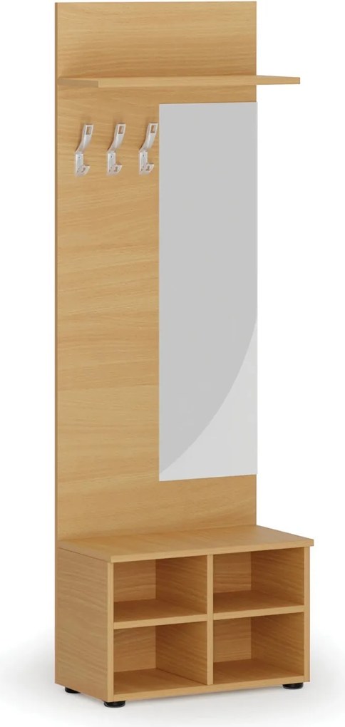 Garderoba z szafką na buty i lustrem HORIZONT, 3 haczyki, półka, tekstura drewna poziomo, buk