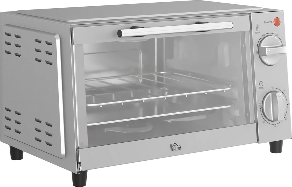 HOMCOM Minipiekarnik 9L, Mini piekarnik z blachą, rusztem, regulowaną temperaturą i czasem pieczenia, stal nierdzewna, srebrny