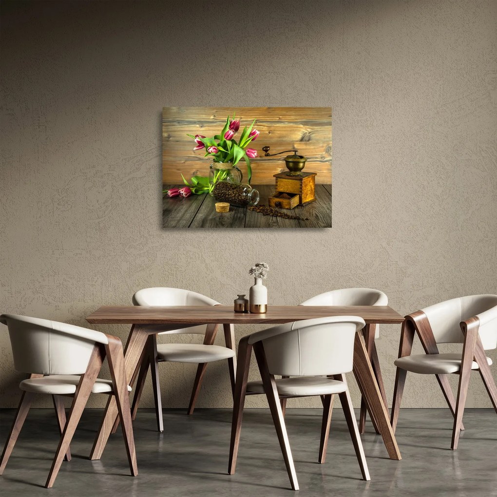 Obraz na szkle - tulipany, młynek i kawa (70x50 cm)