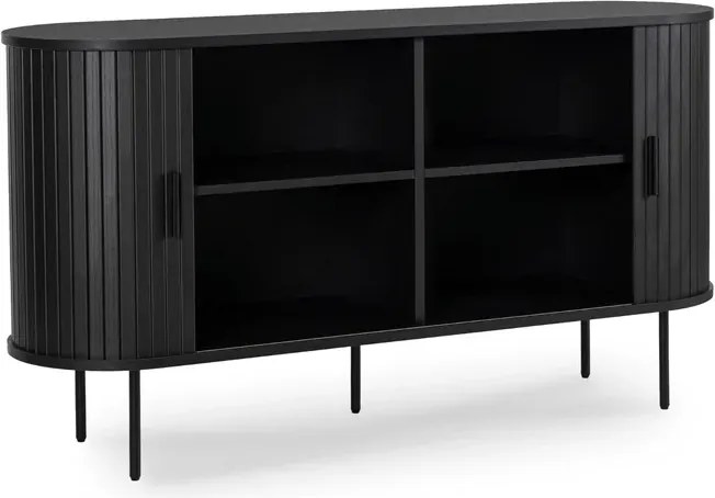 Komoda do Salonu Rozsuwana TRISH 140 cm Czarna Dwudrzwiowa Ryflowana Japandi