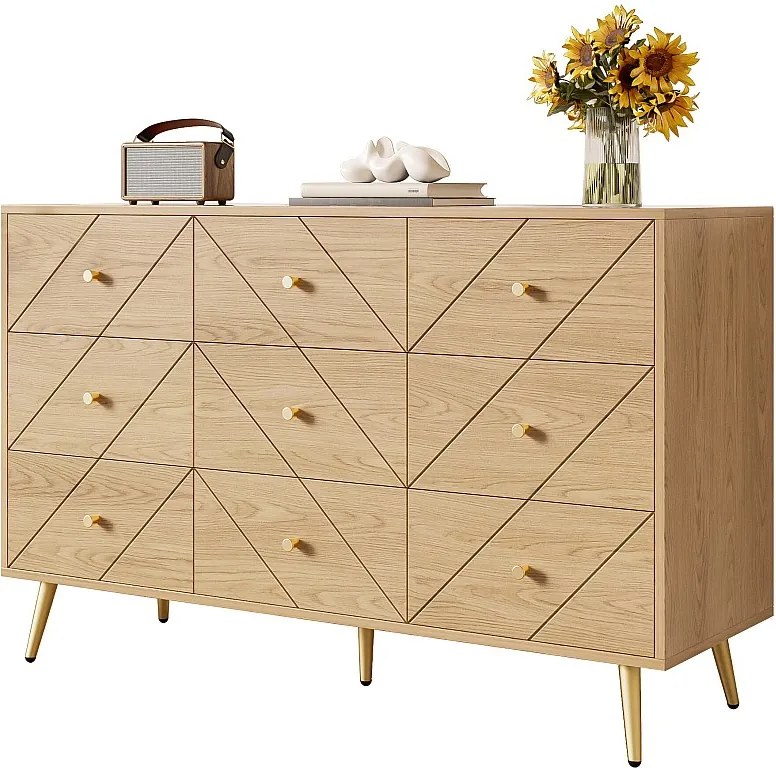Nowoczesna komoda 9-szufladowa na metalowych nogach - 120 x 39 x 80 cm - solidna konstrukcja - płyta wiórowa - kolor naturalny
