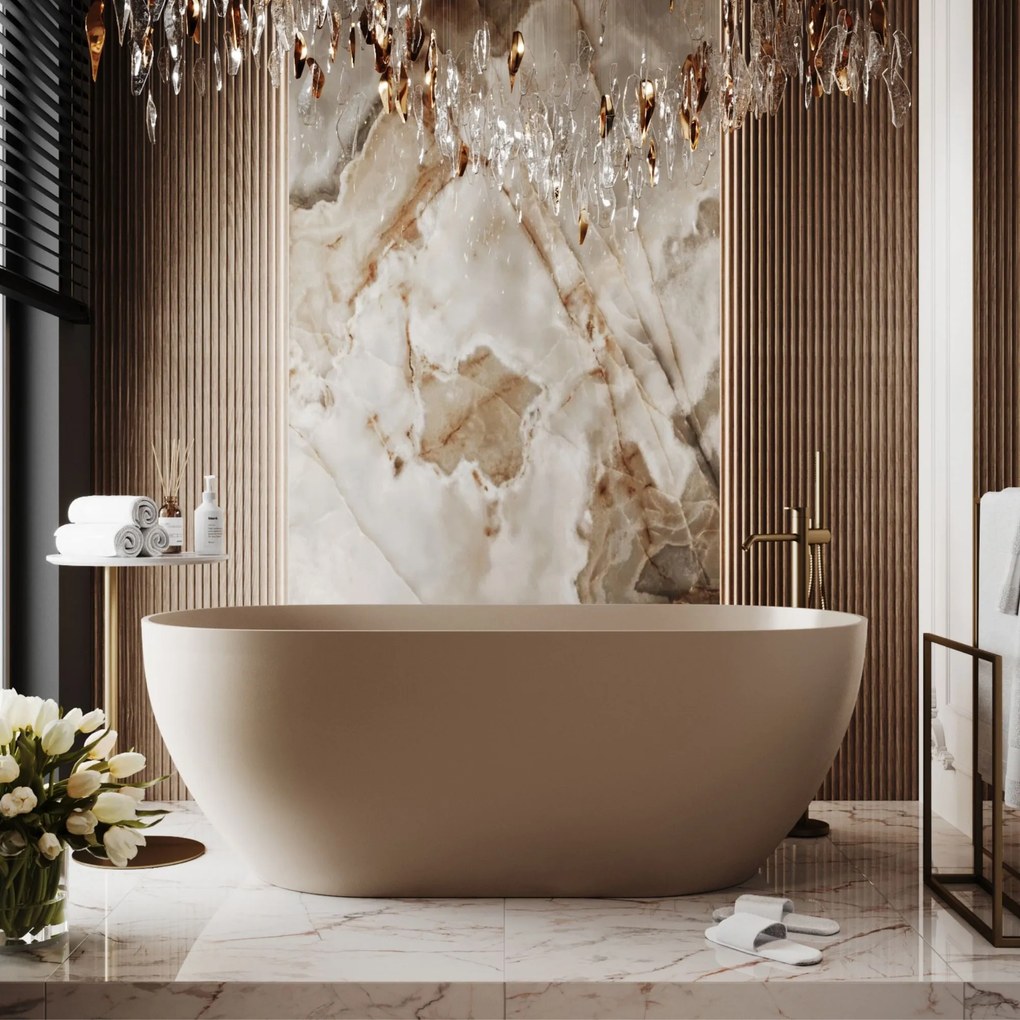 Wanna wolnostojąca owalna z konglomeratu 160 x 75 cm RONA White mat / połysk przelew typu SLIM cienki rant : Kolor wanny - Beż matowy