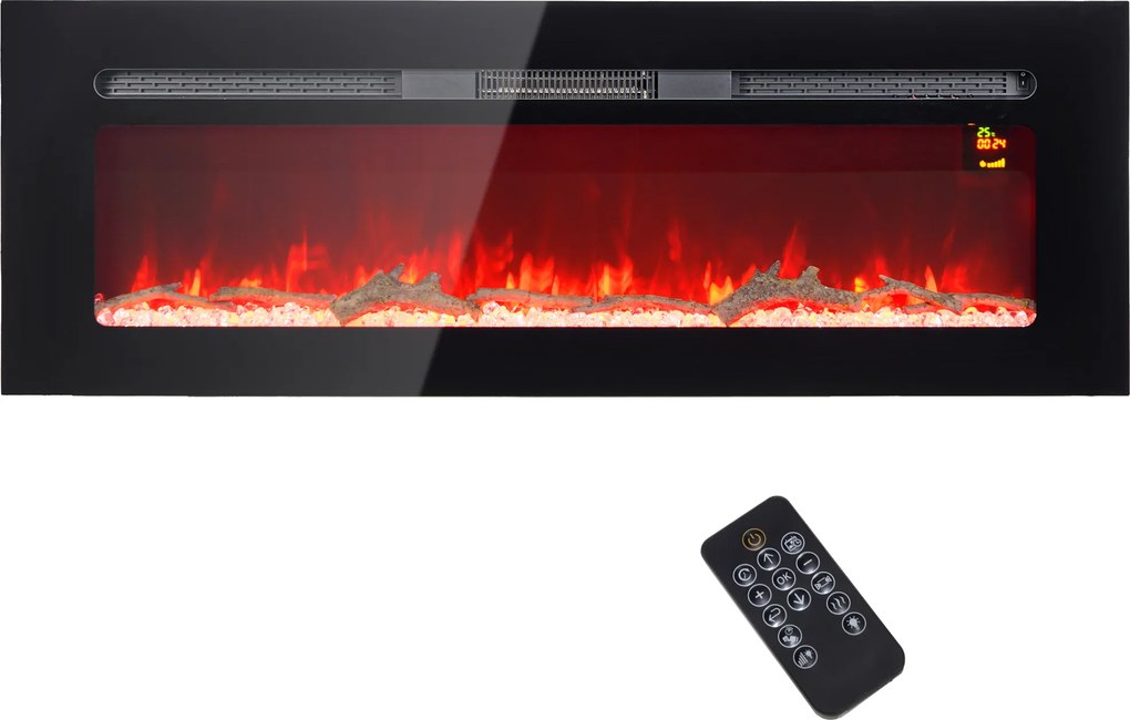 HOMCOM Kominek elektryczny z uchwytem ściennym i pilotem, sztuczne polana i kryształy, moc 1800W, czarny