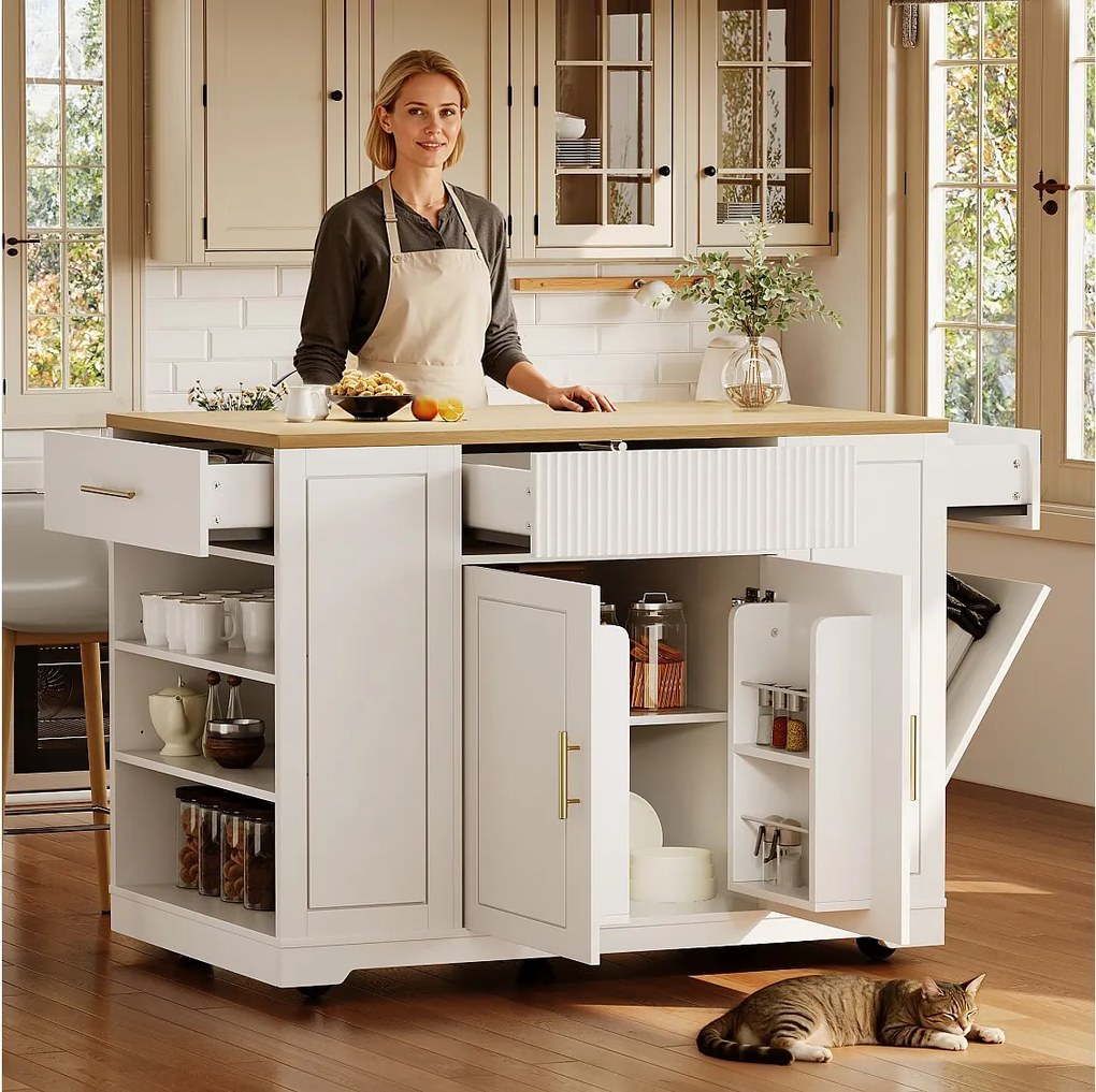 Wyspa centralna na kółkach - 120 x 50 x 92 cm - z przegródką na śmieci + 2 drzwi i 3 szuflady - MDF + Metal - biała