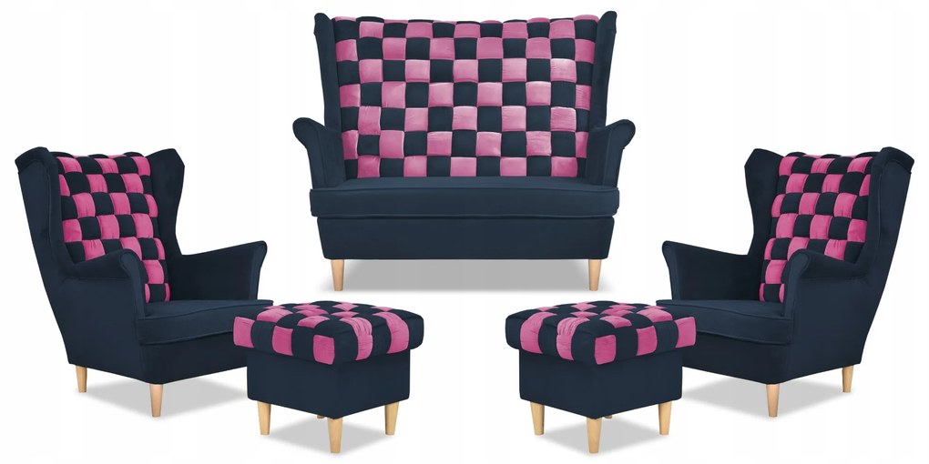 Zestaw uszak CAROL DUO sofa fotele pufy Family Meble granatowo - różowy