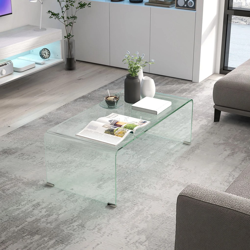 HOMCOM Stabilny stolik kawowy ze szkła, jednoczęściowy design, prosty i nowoczesny, 100 x 50 x 35 cm, Przezroczysty | Aosom PL