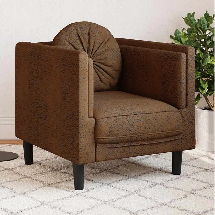 Wygodny Brązowy Fotel z Zamszopodobnej Skóry z Okrągłą, Dobrze Wypełnioną Poduszką