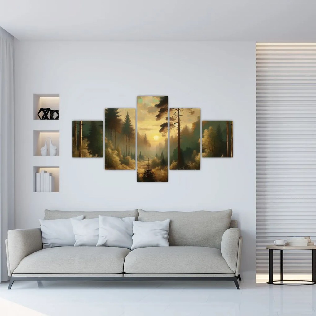 Obraz - Słońce świecące przez las (125x70 cm)