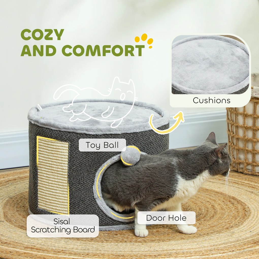 PawHut Kocia jaskinia, 2 poziomy, Domek dla kota, Plusz, Poduszki, Panel drapujący z sizalu, Φ40 x 30H cm, Ciemnoszary