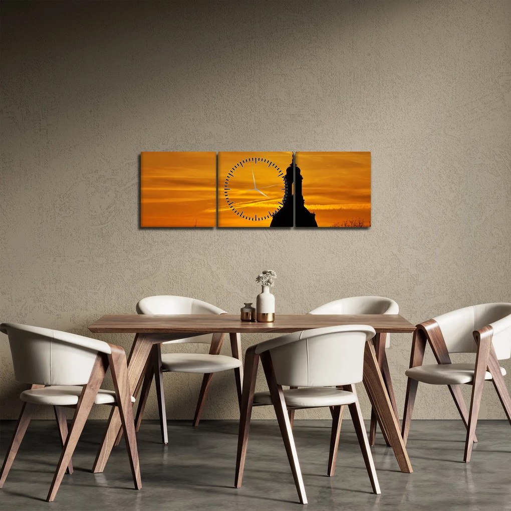 Obraz kościoła o zachodzie słońca (z zegarem) (90x30 cm)