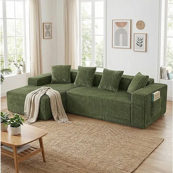 Modułowa Narożna Sofa Lewa - w Welurze Żebrowanym Zielonym - 3-osobowa - z 4 Poduszkami i leżanką - 261x156x80cm